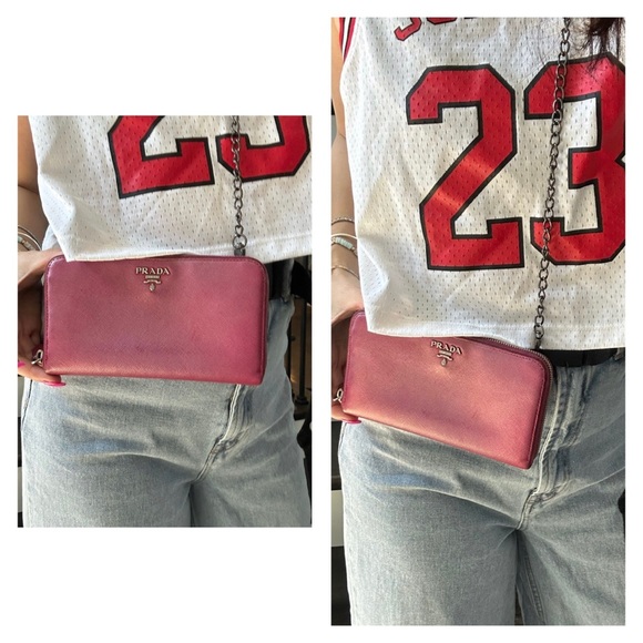 PRADA Logo Magenta Pink Saffiano Leather Zippered Wallet on Chain - Picture 11 of 11